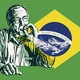 An illustration of Olavo de Carvalho smoking in front of the Brazilian flag