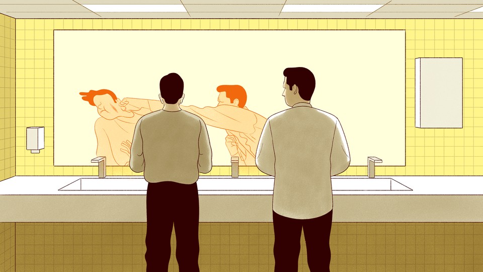 An illustration of two men in the bathroom looking in the mirror. The reflected image shows the man on the right punching the man on the left.
