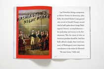 Color photograph of The Atlantic November 2024 issue opened to the cover story, "Washington's Nightmare," where the lefthand page shows a painting of George Washington and the righthand page shows the opening paragraph of the essay enlarged to fill the page.