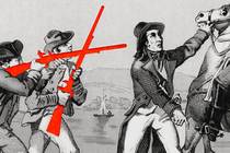 An illustration showing a historical engraving of armed men