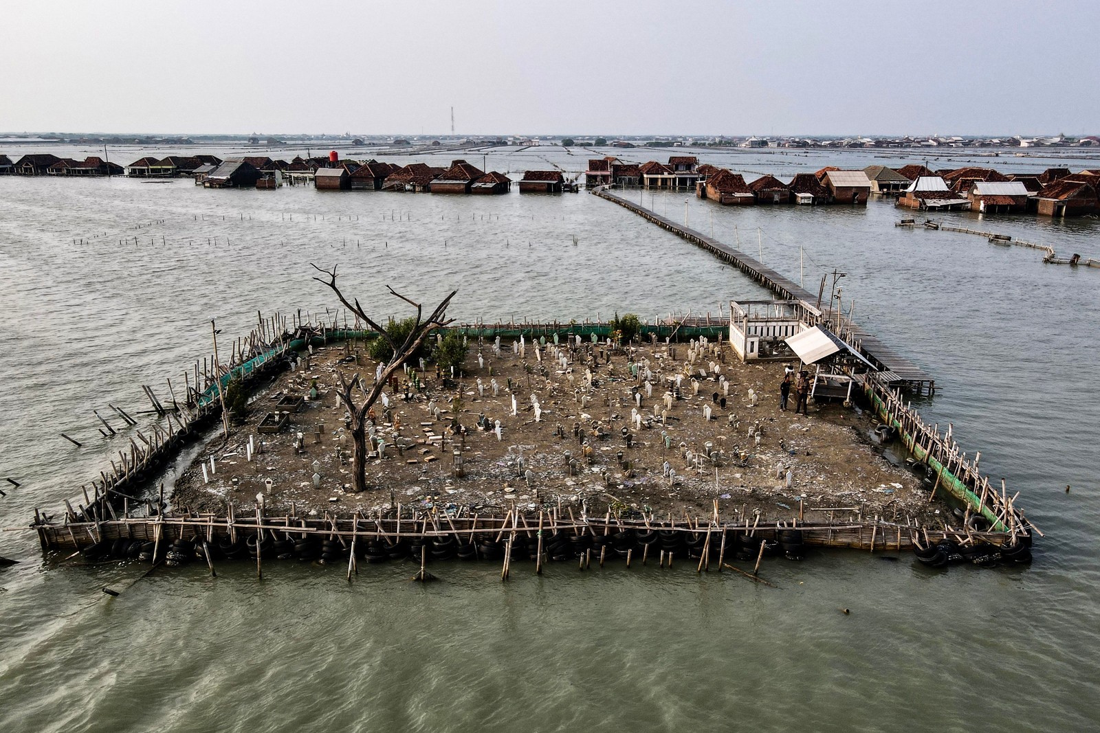 An aerial view of a small cemetery plot that has been surrounded by seawater. The cemetery is defended by a makeshift wooden seawall and piles of old tires.
