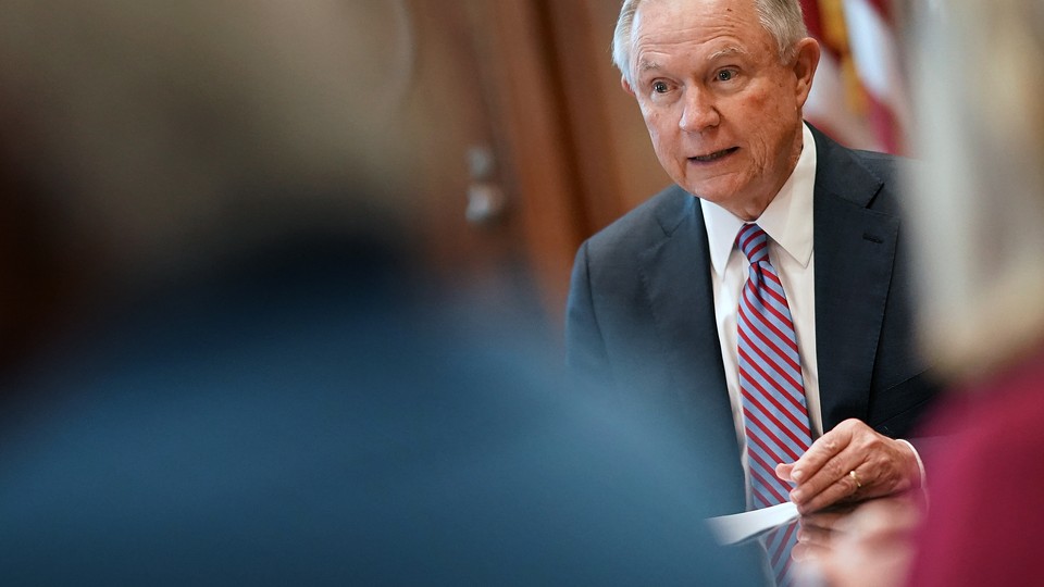 Attorney General Jeff Sessions speaks at a Justice Department meeting.