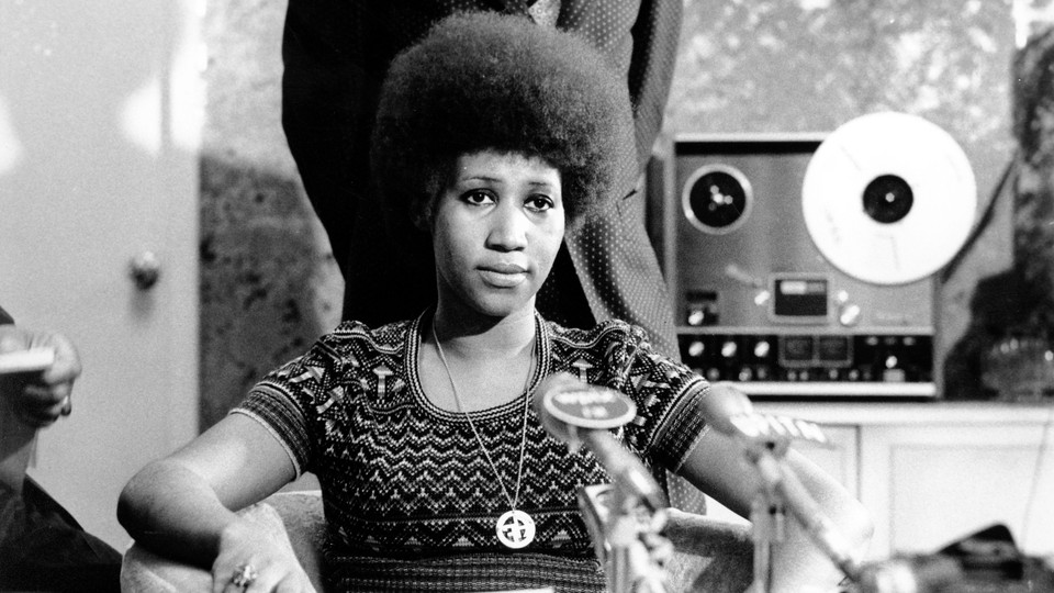 Aretha Franklin at a news conference on March 26, 1973