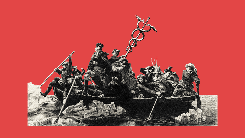 The famous image of George Washington crossing the Delaware, but instead of a flag, the boat bears a caduceus