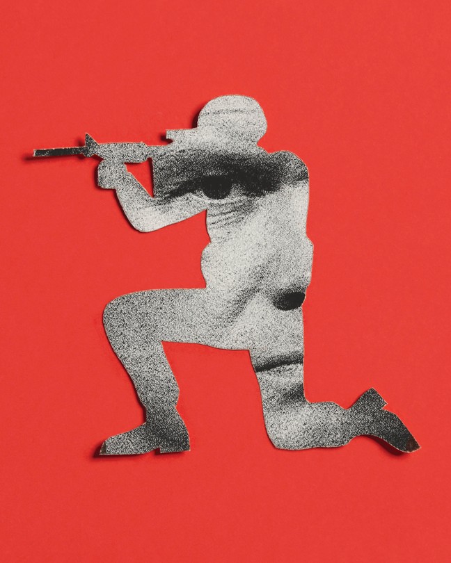 Graphic illustration with a black-and-white photo of Pete Hegseth's face within the silhouette of a soldier kneeling and firing a rifle, on a red background.