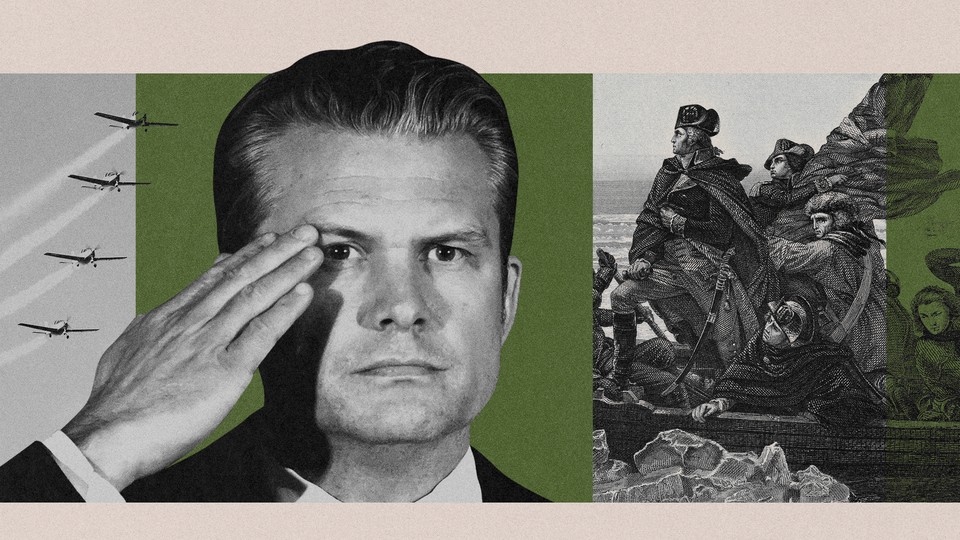 Illustration with black-and-white photos of airplanes flying, Pete Hegseth saluting, and a reimagined version of the painting “Washington Crossing the Delaware”