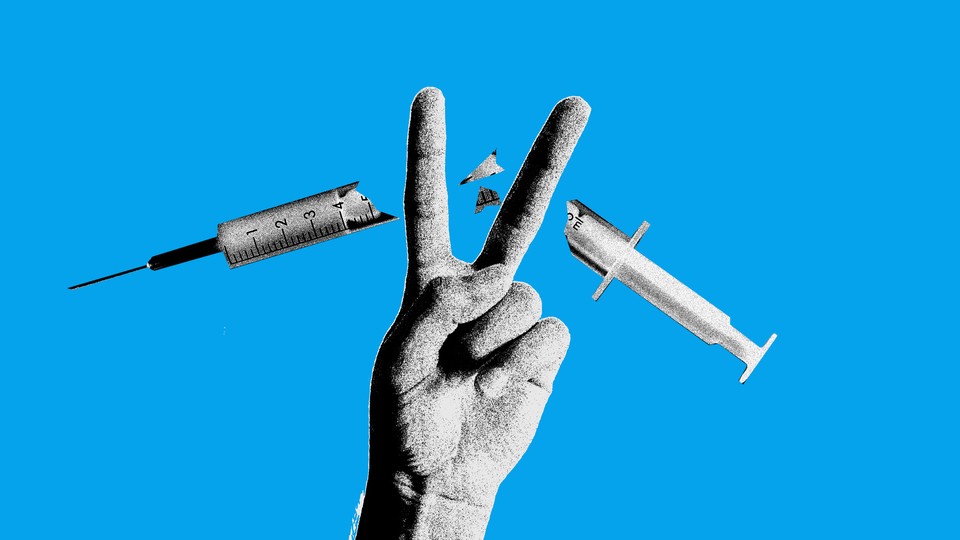 Illustration of a peace sign and broken vaccine vial