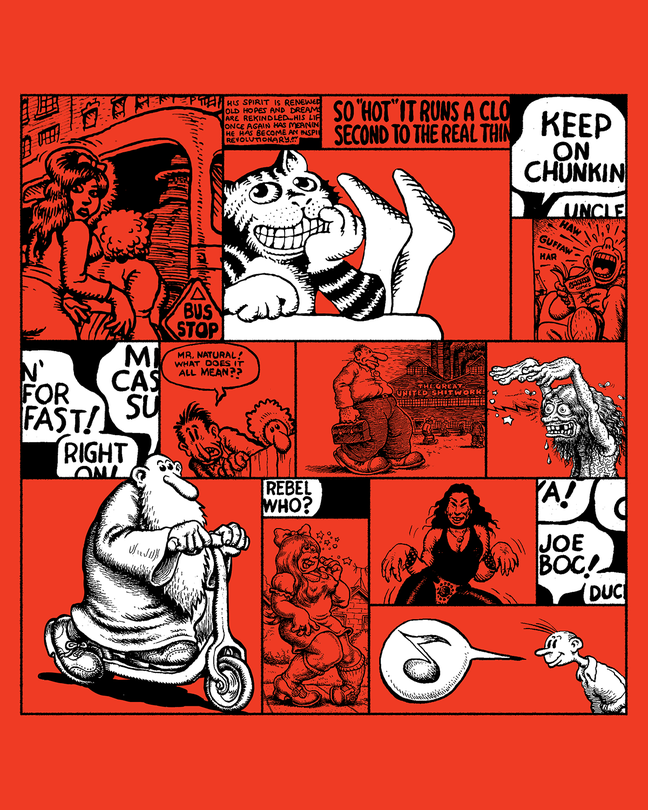 black-and-white excerpts from various comic panels on red background