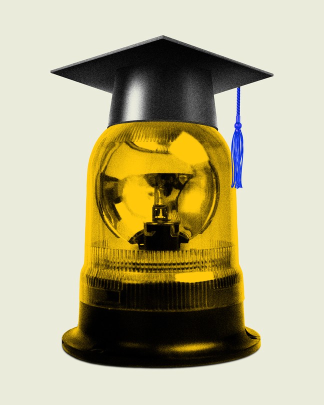 A yellow siren with a graduation cap
