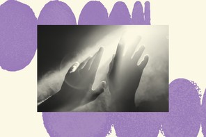 A black-and-white photograph is set on a cream-colored background. The background has a row of purple circles at the top that look like they are curving away and a row of purple circles at the bottom that look like they are curving in the other direction. The black-and-white photo shows a set of hands reaching through fog towards the light.