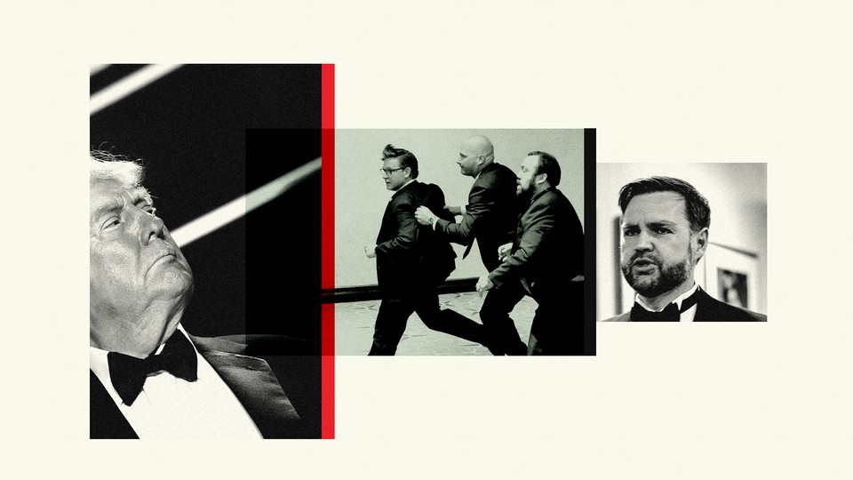 From left to right, Donald Trump in a tuxedo, Mike Johnson being evacuated by two security agents, and JD Vance in a tuxedo (all in black and white)