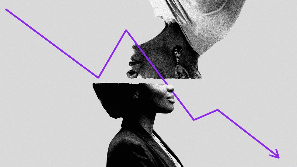An illustration of two women with a downward arrow.