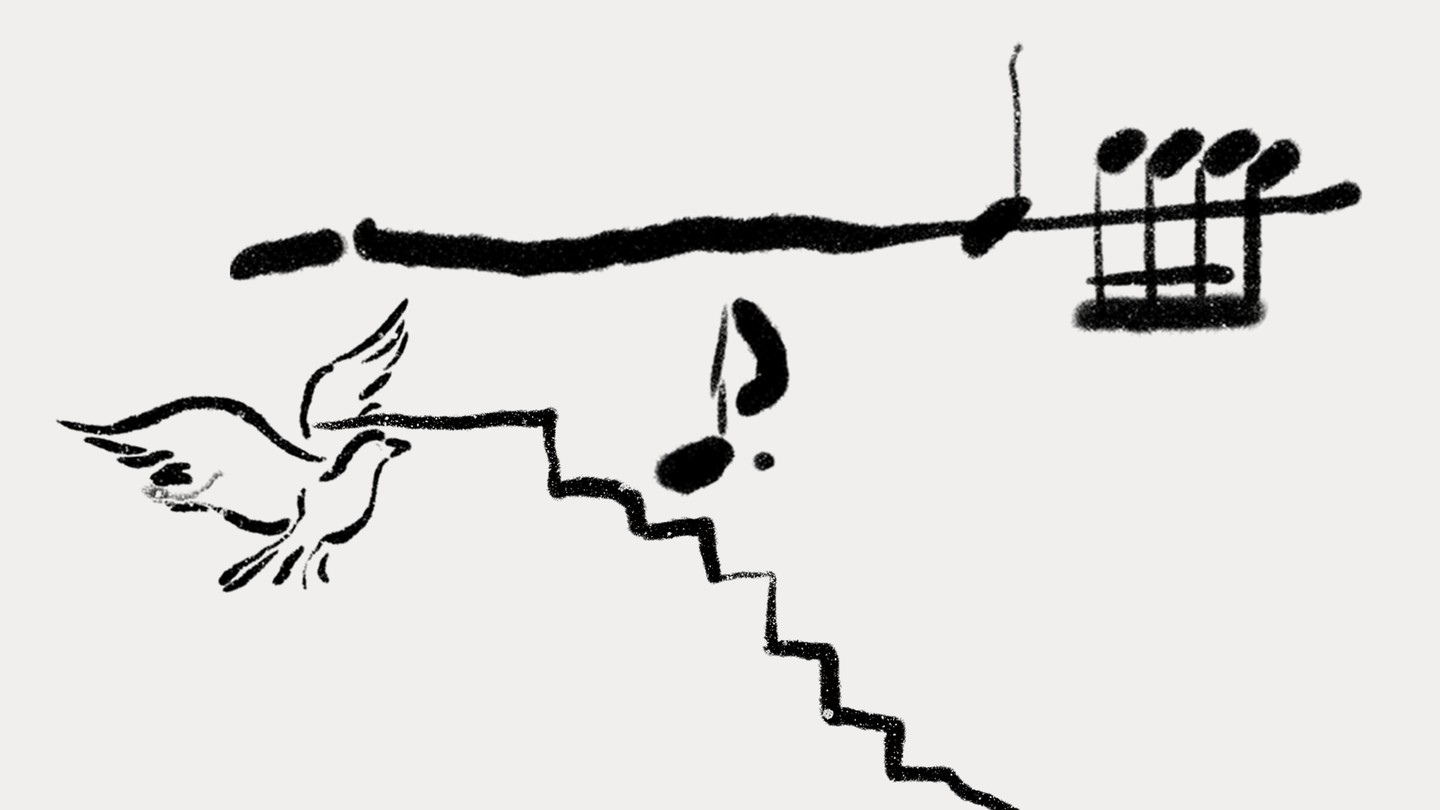 a drawing in black ink of a bird beneath a staircase, with music symbols above