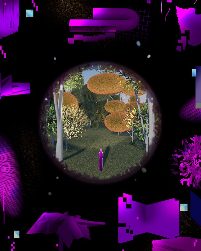 A purple figure stands in a garden of trees, seen through a circle cut in a background of black with abstract purple shapes floating around.