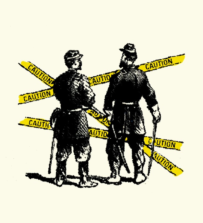 illustration of two Union soldiers from the back, one standing with sword drawn and pointed to ground, in front of crossed yellow "Caution" tape