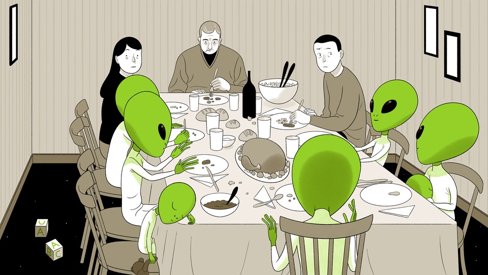 An illustration of a family dinner with some extraterrestrial guests.