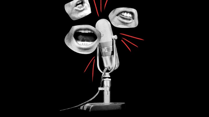 An illustration of a microphone with photos of Trump's mouth.