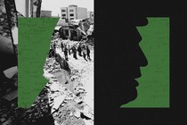 Illustration with black-and-white photograph of people walking through bombed buildings, a black silhouette of Donald Trump’s side profile, and an old map