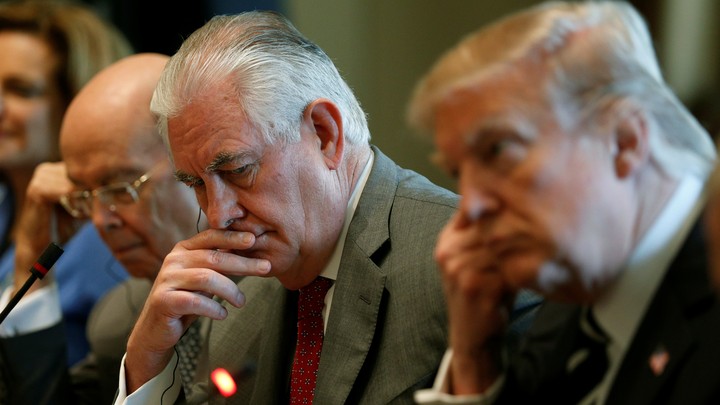 President Donald Trump and Secretary of State Rex Tillerson listen during a meeting with Egyptian President Abdel Fattah al-Sisi in the Cabinet Room of the White House on April 3, 2017.
