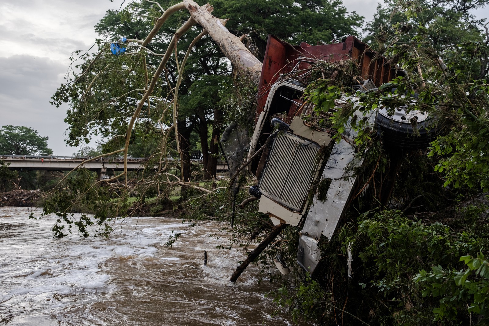 A large truck sits wrapped around a tree after flooding.