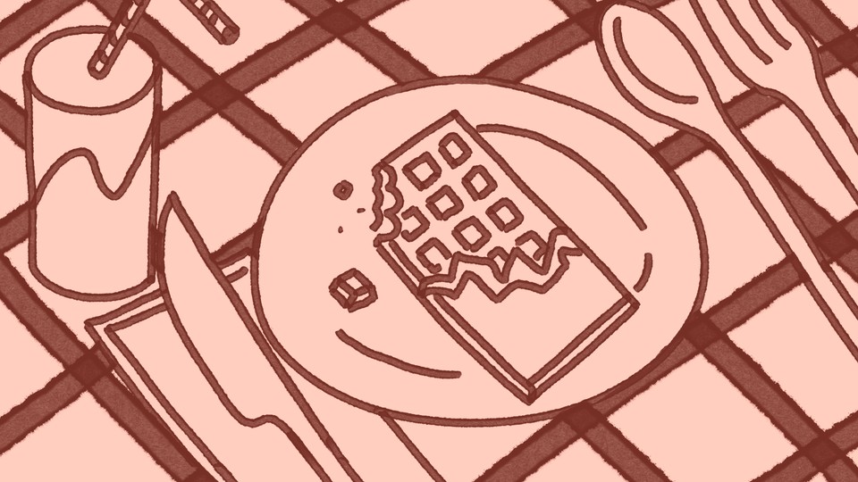 Illustration of a place setting with a chocolate bar on a plate and a soda can with a straw in it, in shades of brown and pink.