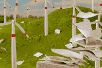 Illustration of paperwork being blown away in a wind farm