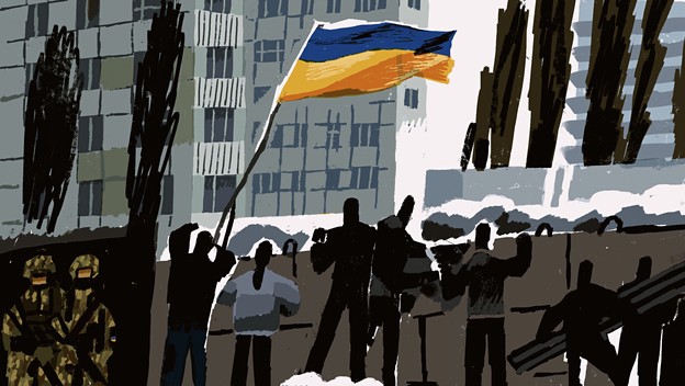 illustration of people looking over a barricade waving Ukrainian flag with snow and high-rise buildings behind and soldiers in foreground