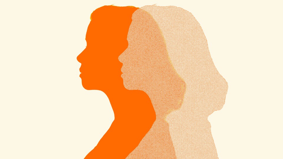 The orange silhouettes of two women overlap