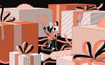 An illustration of a grandmother with her daughter and granddaughter surrounded by gift boxes