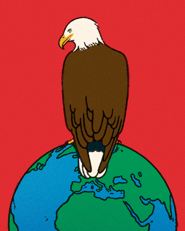 Illustration of the back of a bald eagle perched on globe with red background