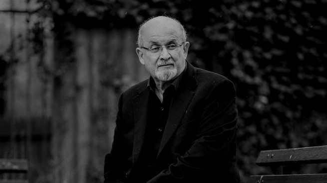 A black-and-white image of Salman Rushdie