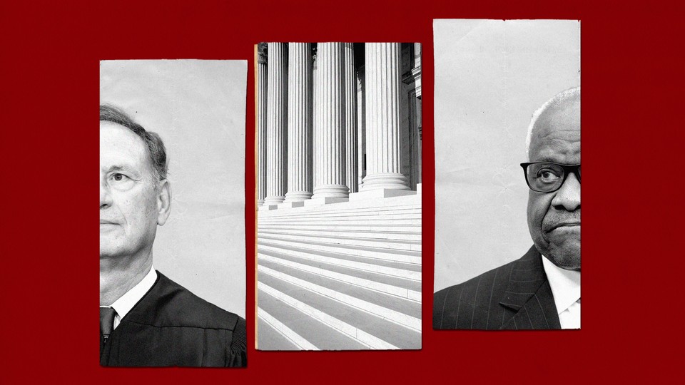 An illustration that includes photos of Supreme Court Justices Samuel Alito and Clarence Thomas, alongside a photo of the steps of the Supreme Court.
