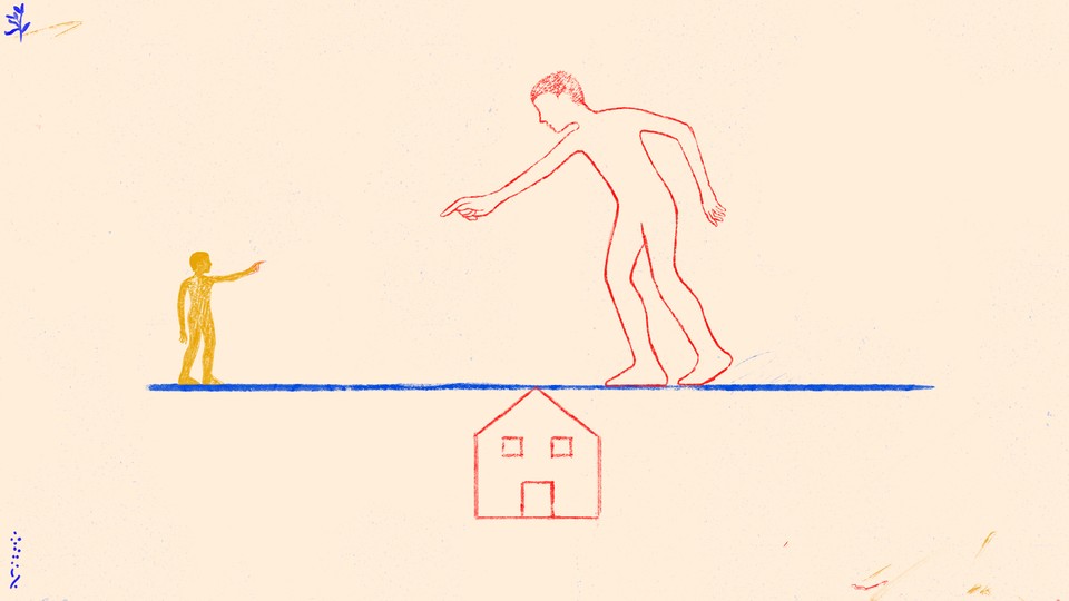 An illustration a small figure and a larger figure pointing at each other, both standing on a line balanced on the pointed roof of a house