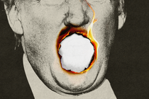 Black-and-white close-up image of Donald Trump speaking with the photograph burning a hole where Trump’s mouth is.