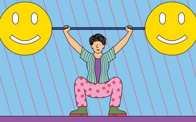 A person lifts a large barbell with smiley faces on either end.