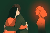 An illustration of a woman hugging a man and seeing the image of the man's ex over his shoulder