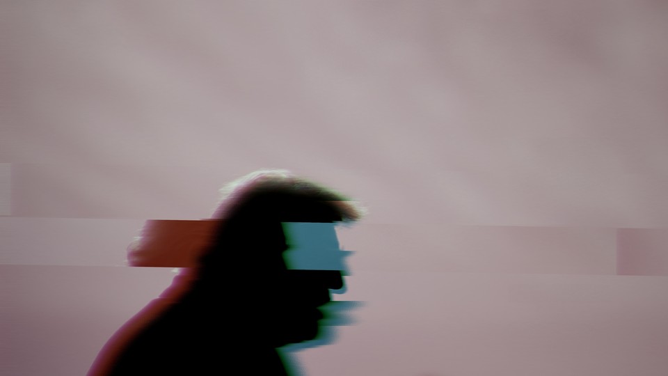 Photograph of Trump's silhouette as he walks across the frame, blurred out with abstract red and blue lines