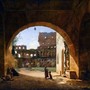 A painting of an arched entrance to the Colosseum covered in plant life