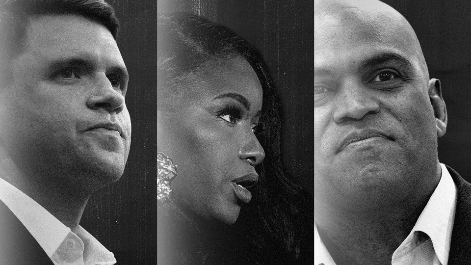 Black-and-white photographs of James Talarico, Jasmine Crockett, and Colin Allred.