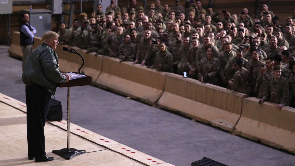 President Trump addresses American troops at a U.S. military base in Iraq.