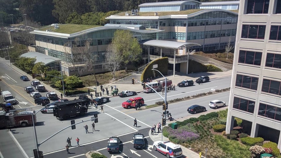 Officials respond to a possible shooting at YouTube's headquarters in San Bruno, California.