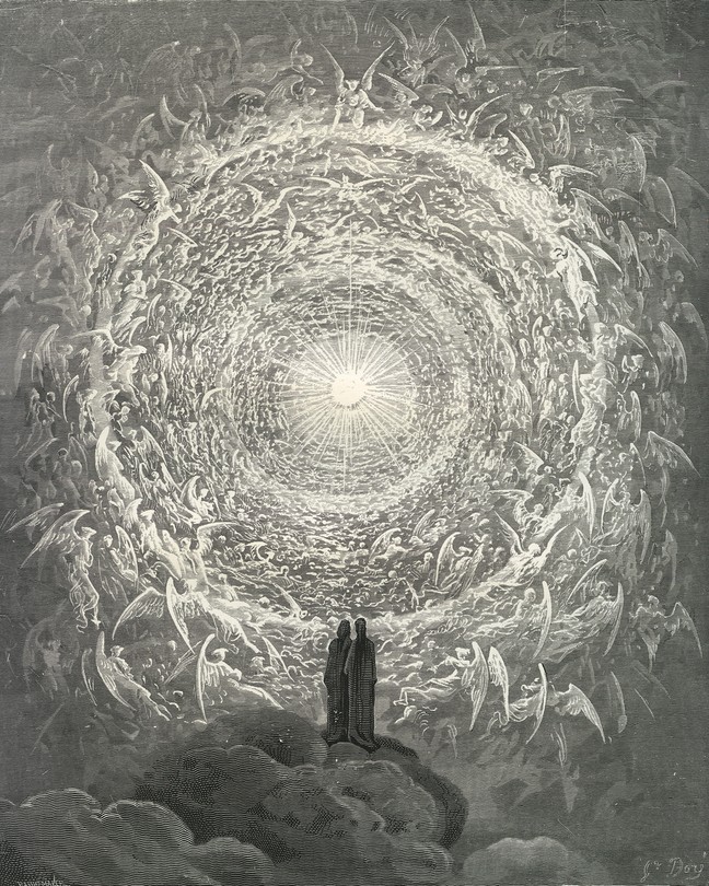 black-and-white engraving of two cloaked figures standing before vast concentric rings of thousands of angels spiraling up toward the sun