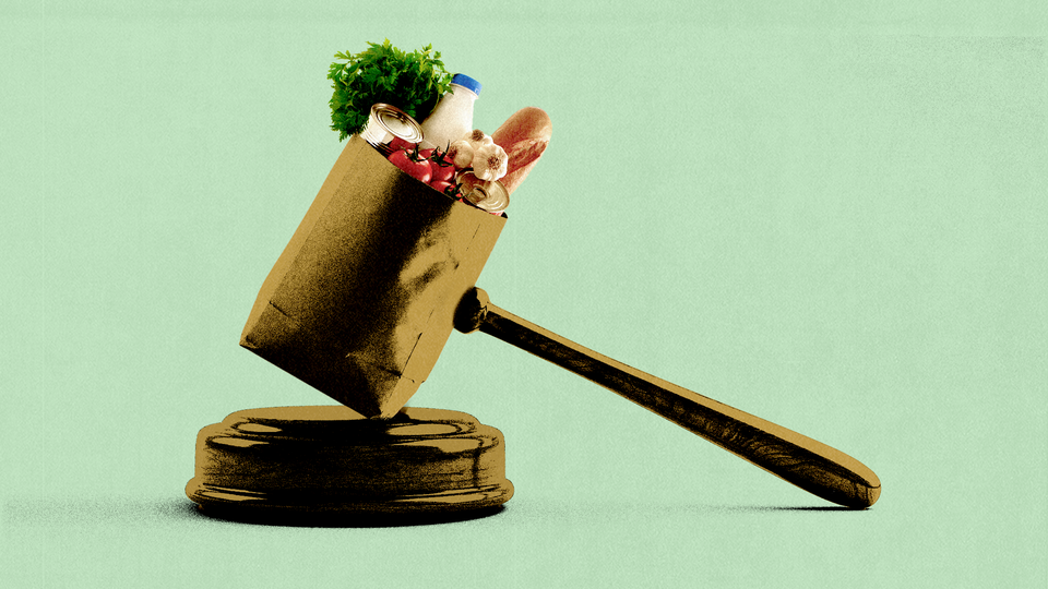 A gavel rests on a gavel block; the gavel’s mallet is a paper grocery bag full to the brim.