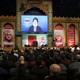 Lebanon's Hezbollah leader Hassan Nasrallah addresses his supporters via a screen during a funeral ceremony rally to mourn Qassem Soleimani.