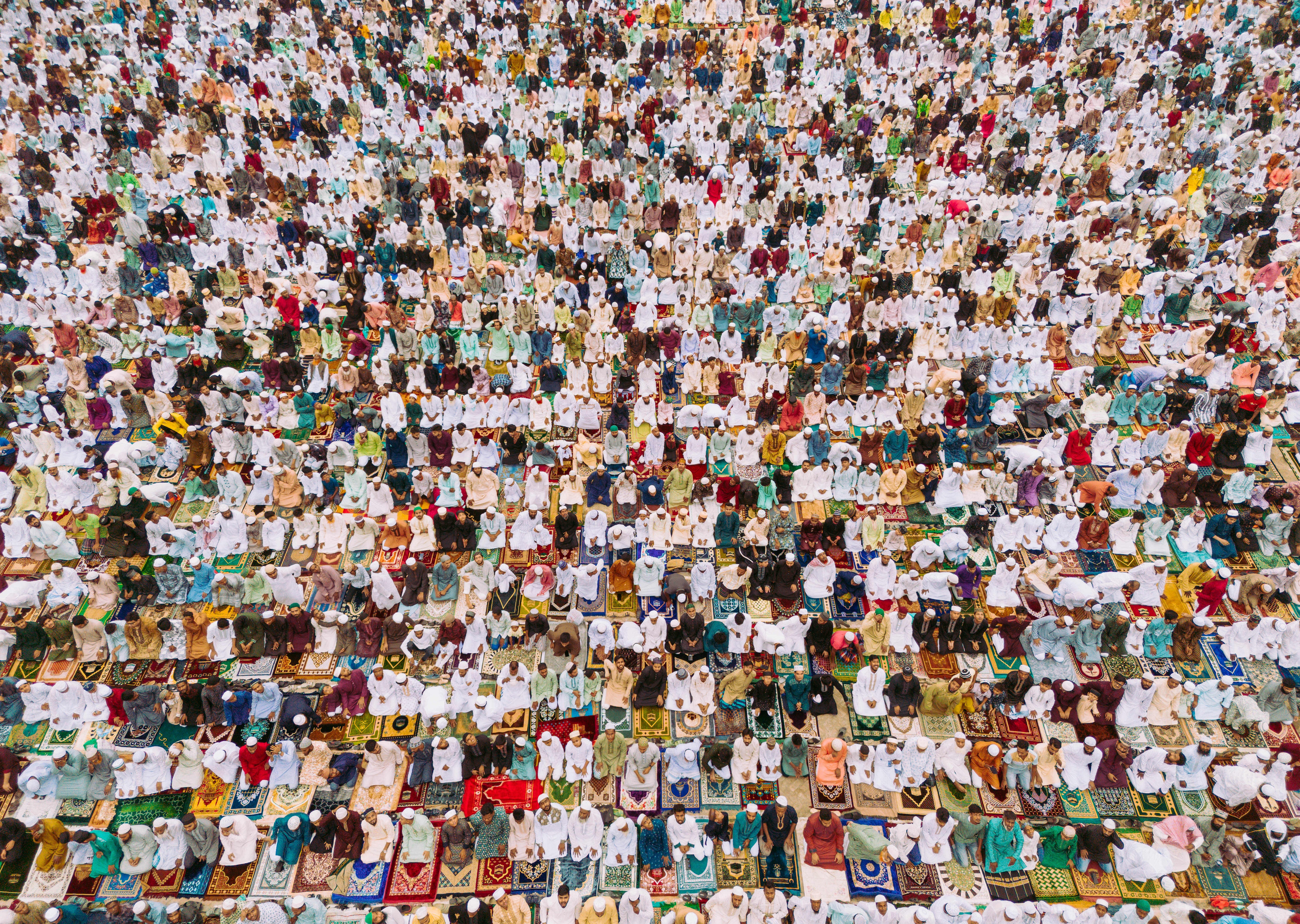 An overhead view of hundreds of Muslims kneeling in prayer.