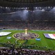 Teams and match officials line up prior to the December 18, 2022 World Cup final between Argentina and France.