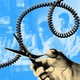 An illustration of a pair of scissors cutting a phone cord, with a portrait of a family in the background