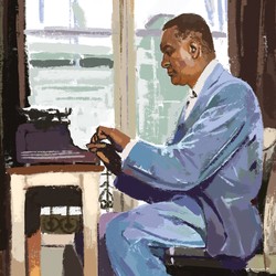 Illustration of Richard Wright sitting at a desk and writing on a typewriter