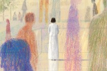 illustration of a woman dressed in white standing with her back turned among more colorful but less solid figures