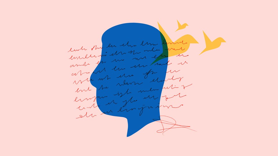 An illustrated collage of a silhouetted head, scribbled words, and birds